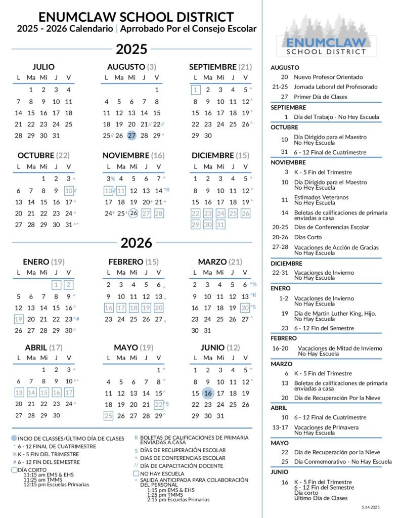 ENUMCLAW SCHOOL DISTRICT calendar