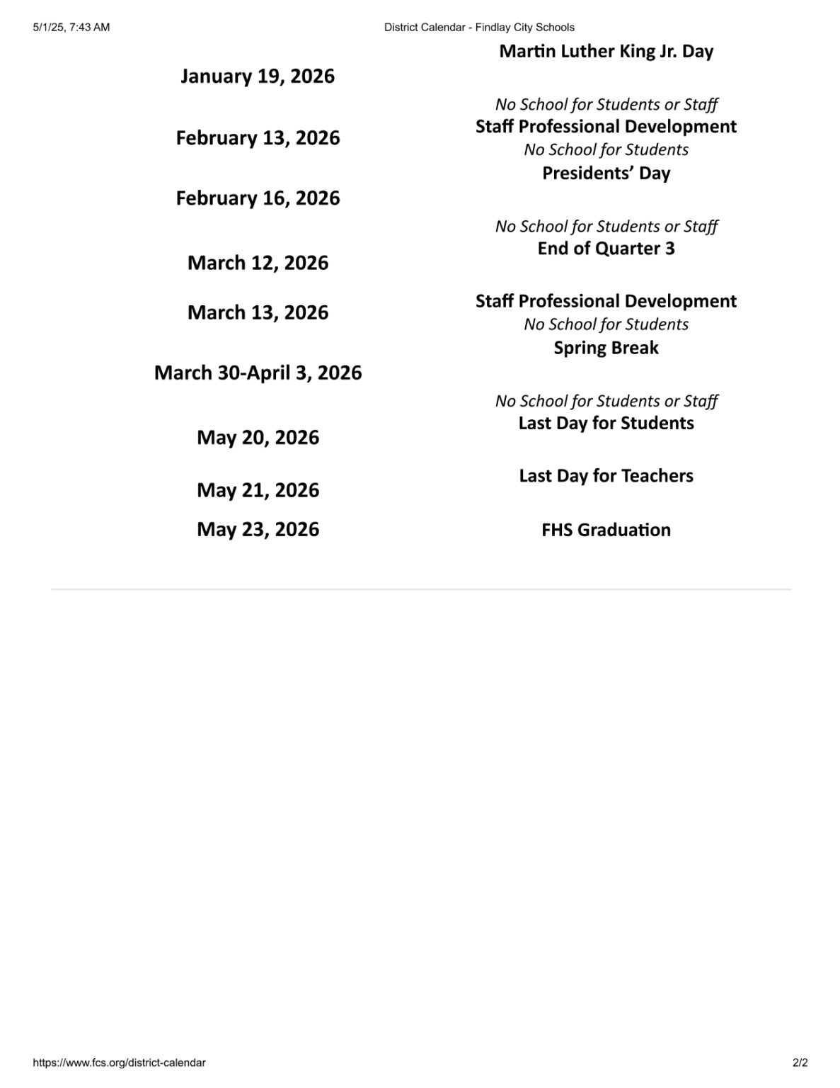 Findlay City Schools Calendar 25 26 Revised PDF EduCounty