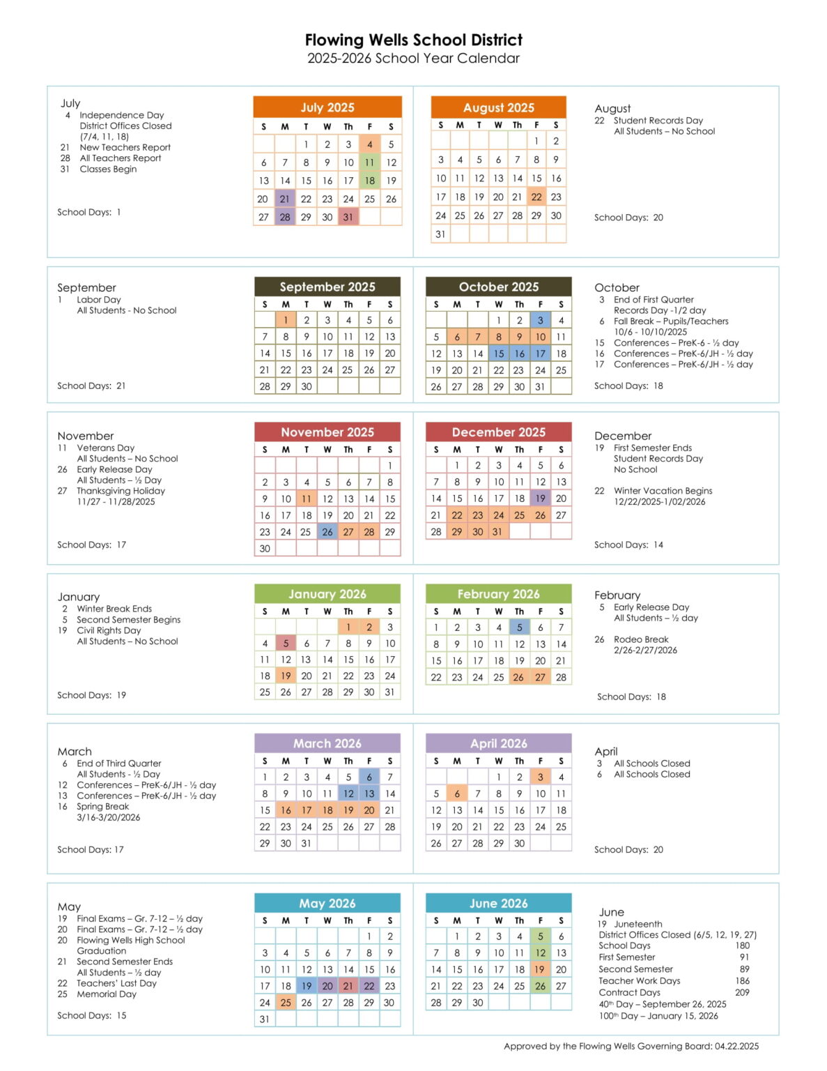 Flowing Wells School District 25 26 Calendar Revised PDF EduCounty