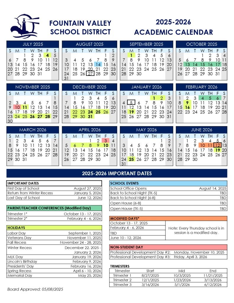 Fountain Valley School district calendar