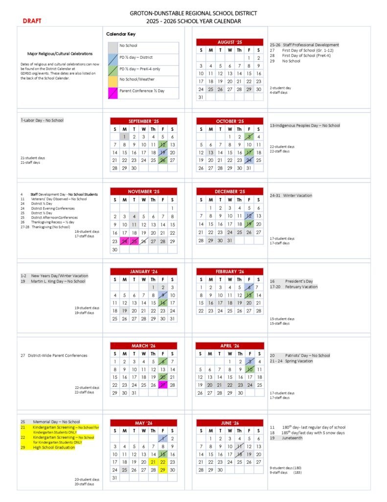 Groton-Dunstable Regional School MA CALENDAR