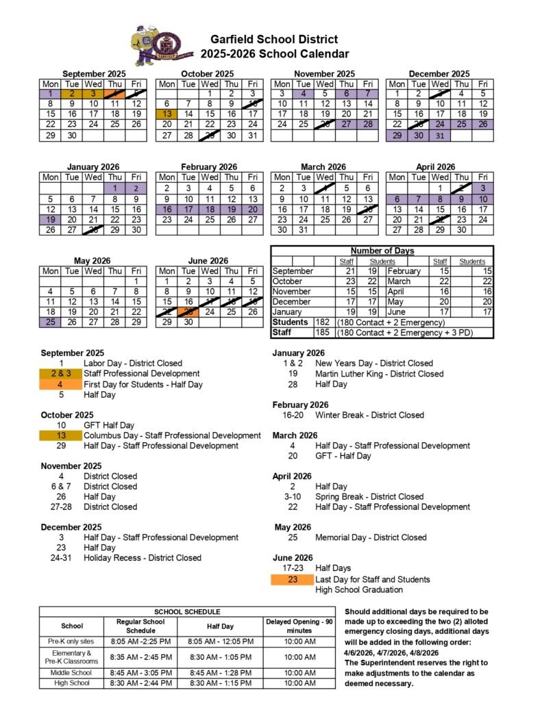 Garfield School District calendar 25-26
