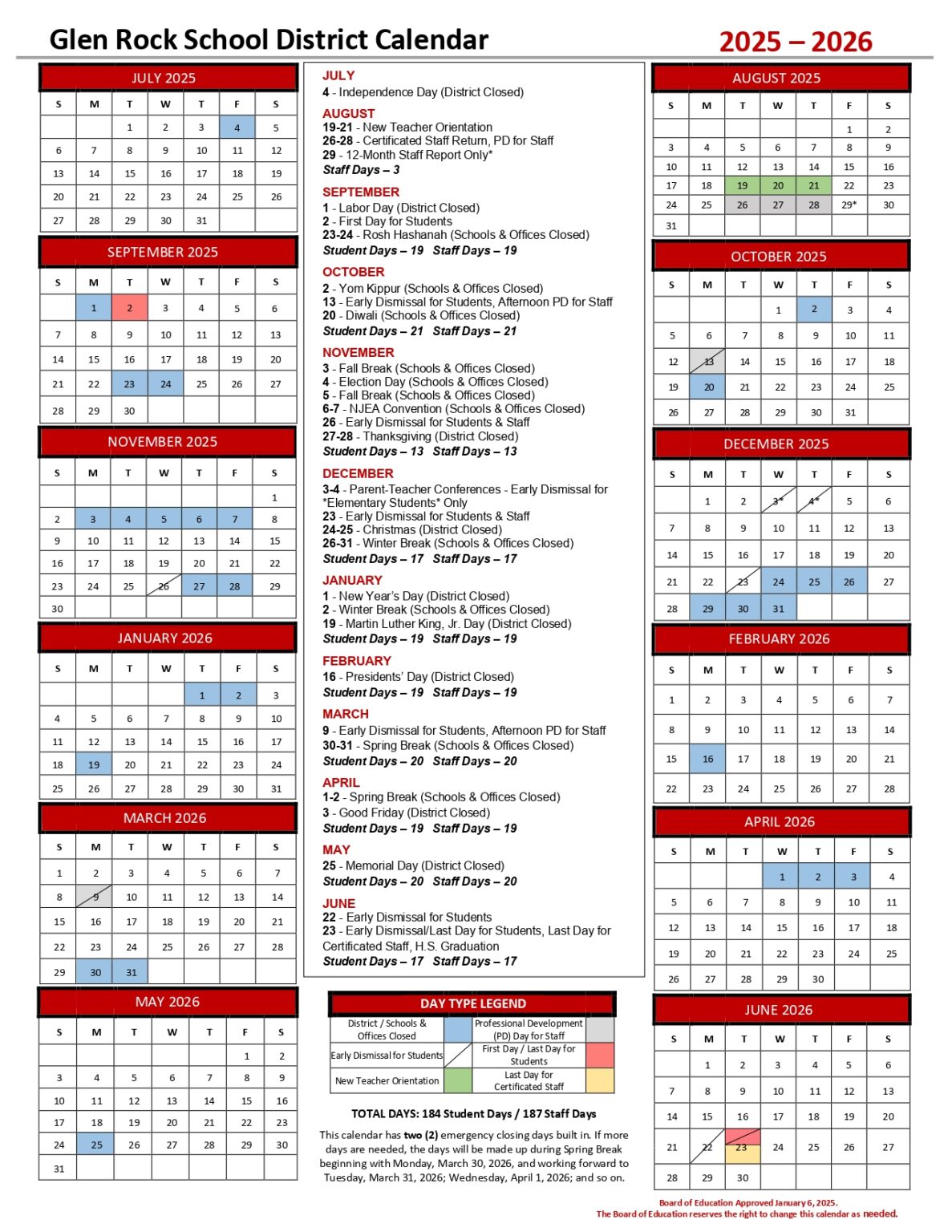 Glen Rock School District Calendar 25 26 Revised PDF EduCounty