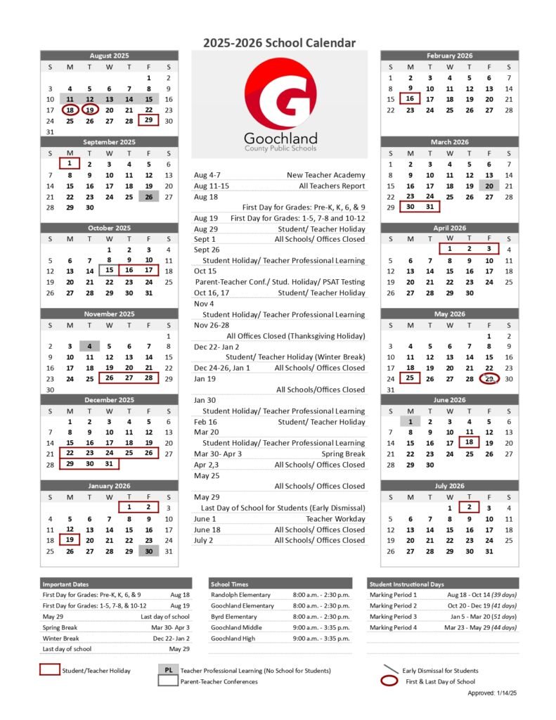 Goochland County Public Schools Calendar