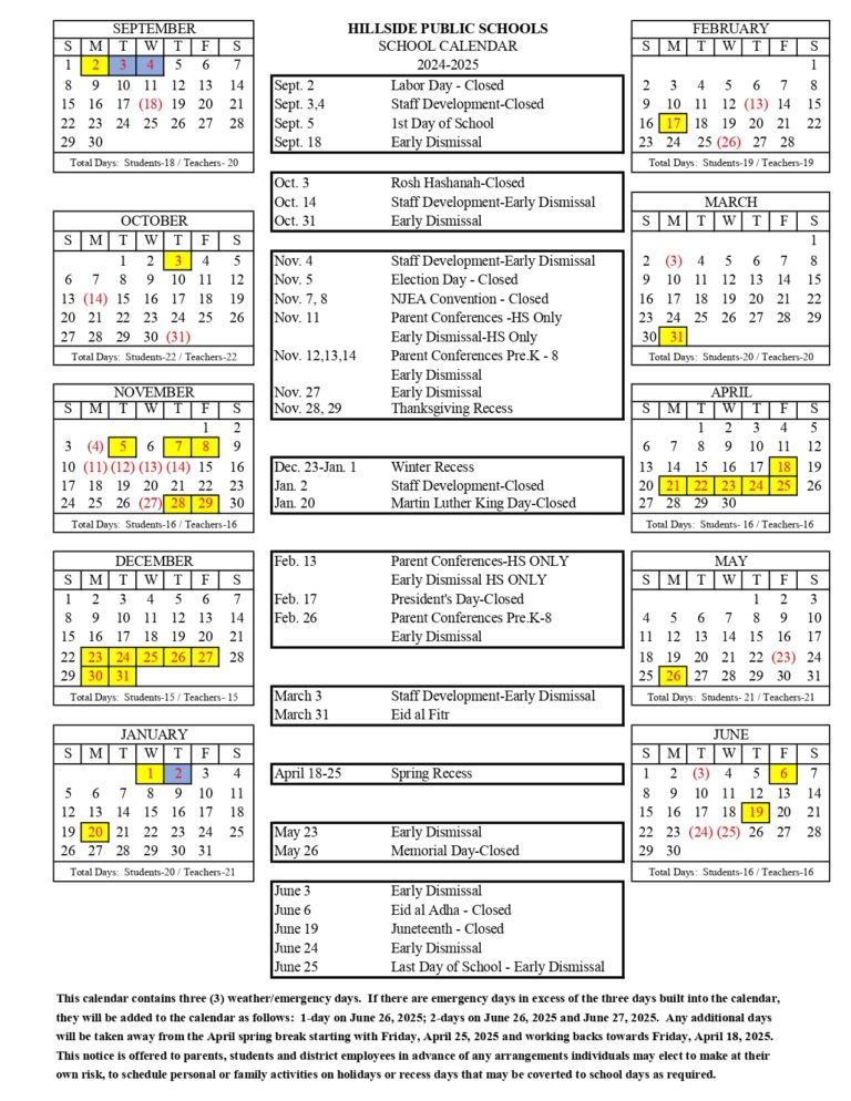 Hillside Public Schools Calendar 25 26 Revised PDF EduCounty