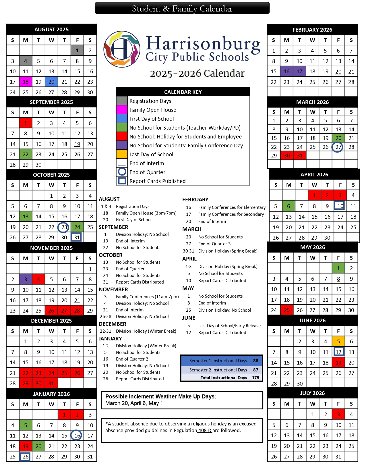 Harrisonburg City va Public Schools Calendar 2526 Revised [PDF