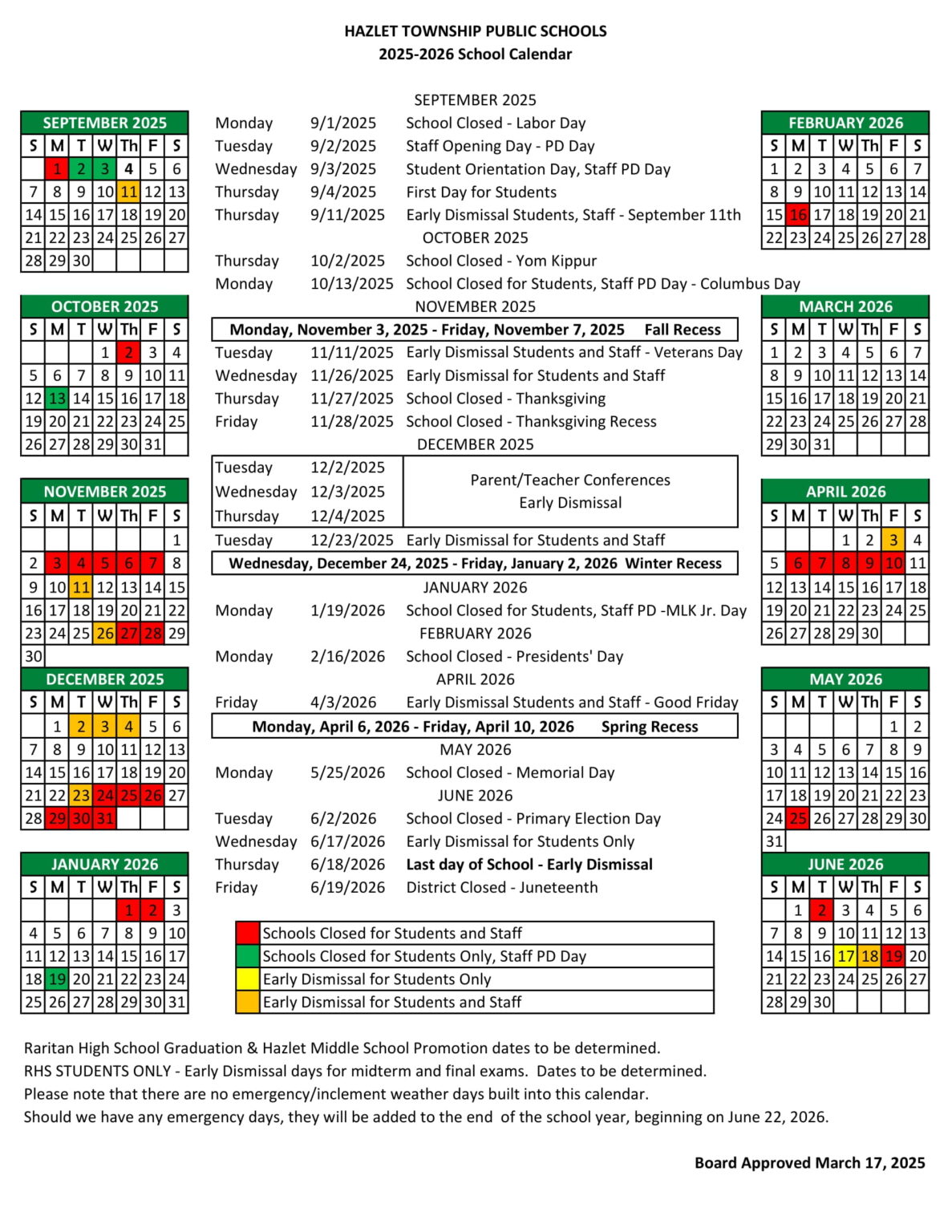Hazlet township public school district calendar 25 26 Revised EduCounty
