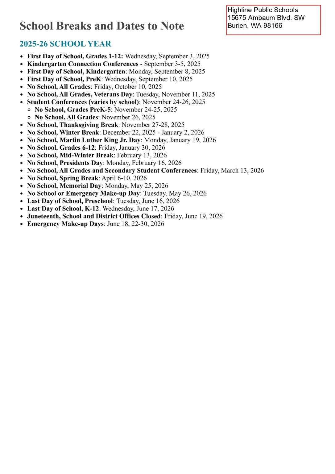 Highline Public Schools WA Calendar 25 26 Revised PDF EduCounty