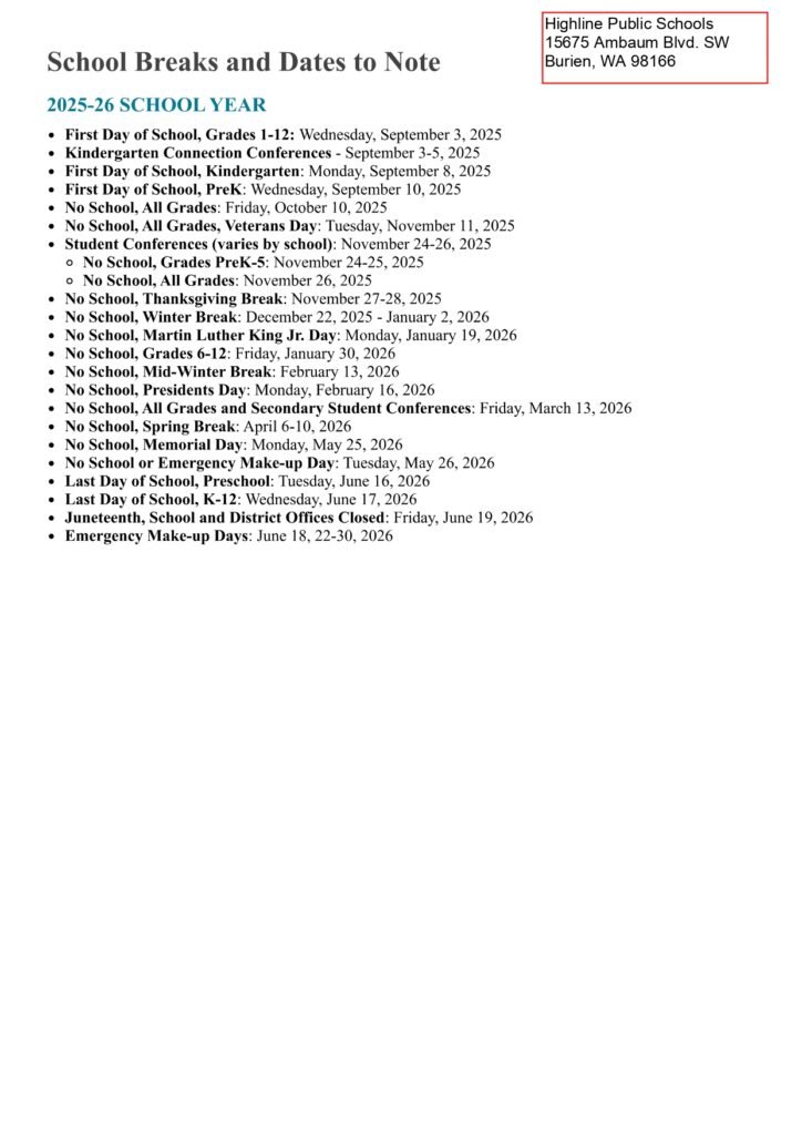 Highline Public Schools CALENDAR