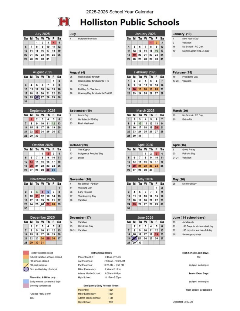 Holliston Public Schools Calendar