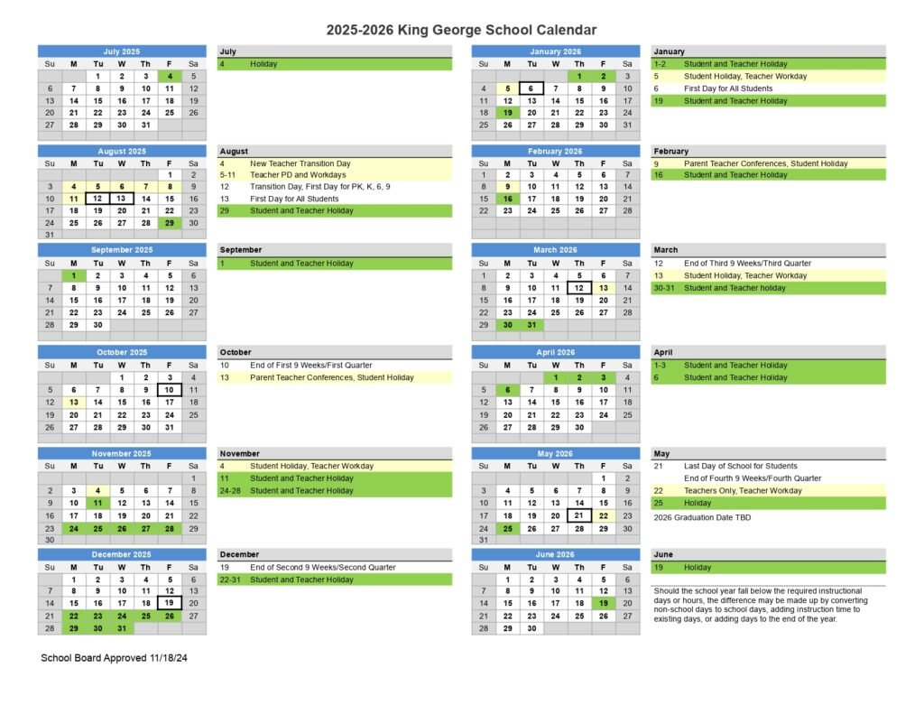 King George county schools calendar