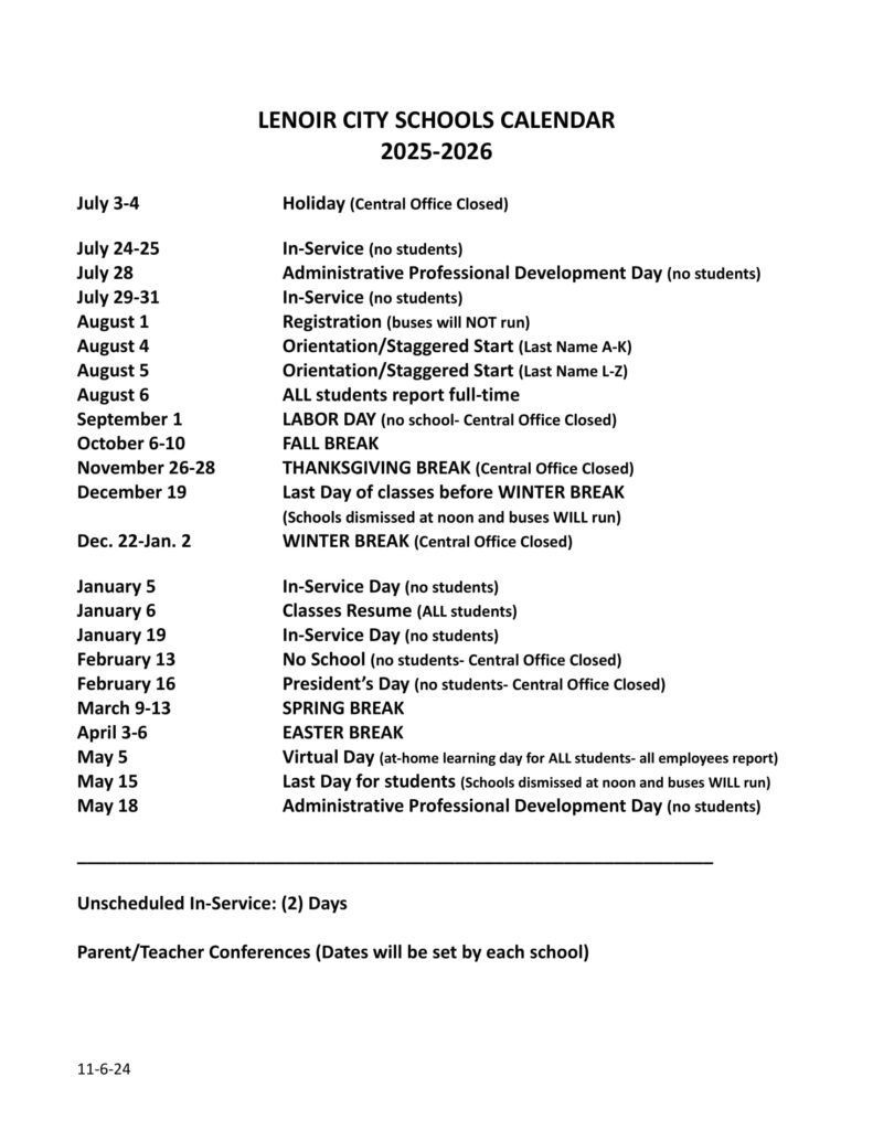 LENOIR CITY SCHOOLS calendar