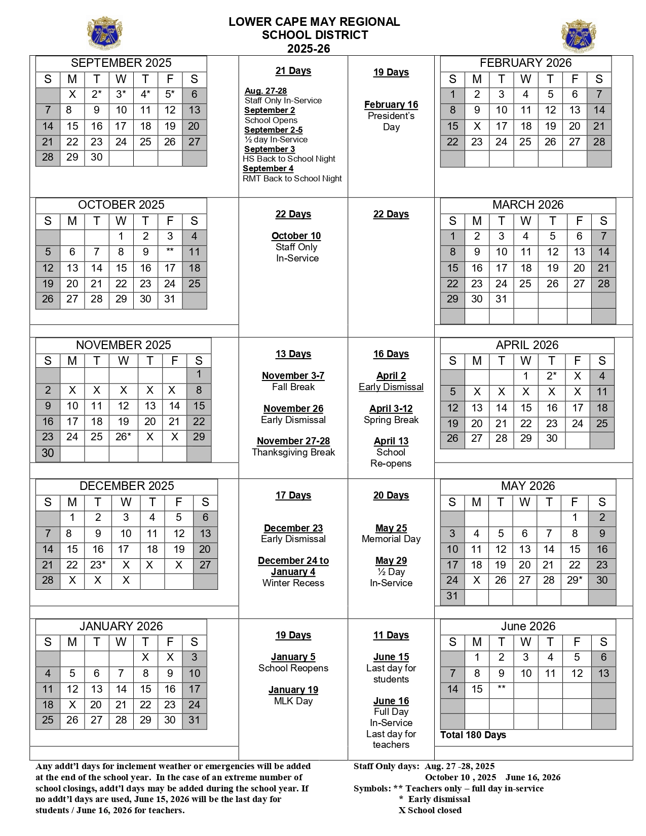 Lower Cape May Regional School District Calendar 25 26 Revised PDF