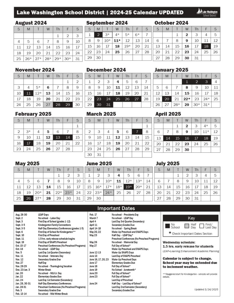Lake Washington School District Calendar 24 25 Revised PDF EduCounty