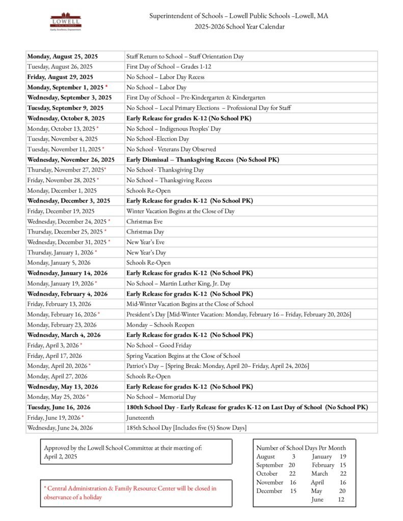 Lowell Public Schools CALENDAR