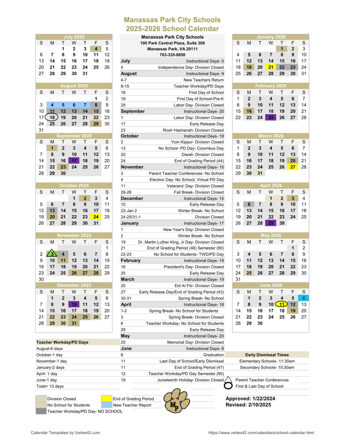Manassas park city schools calendar 25 26 Revised pdf EduCounty