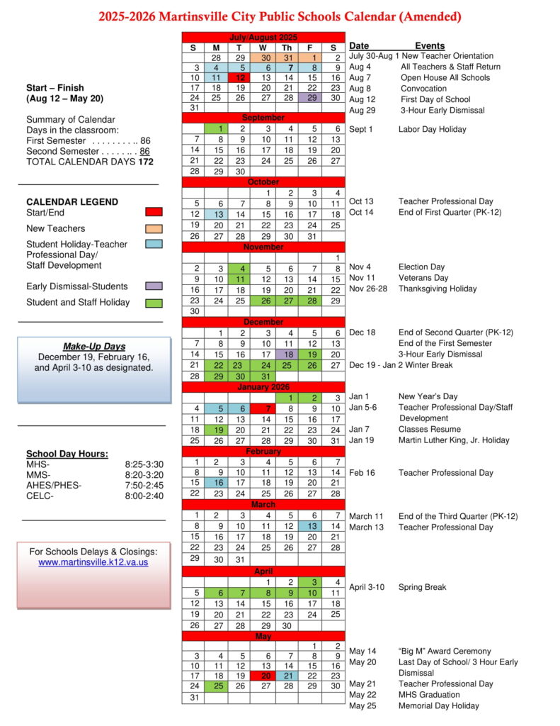 Martinsville City Public Schools Calendar 25 26 Revised PDF EduCounty