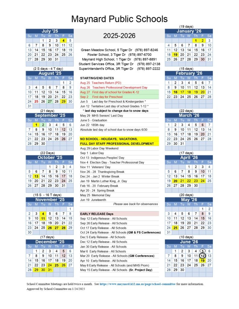 Maynard Public Schools calendar