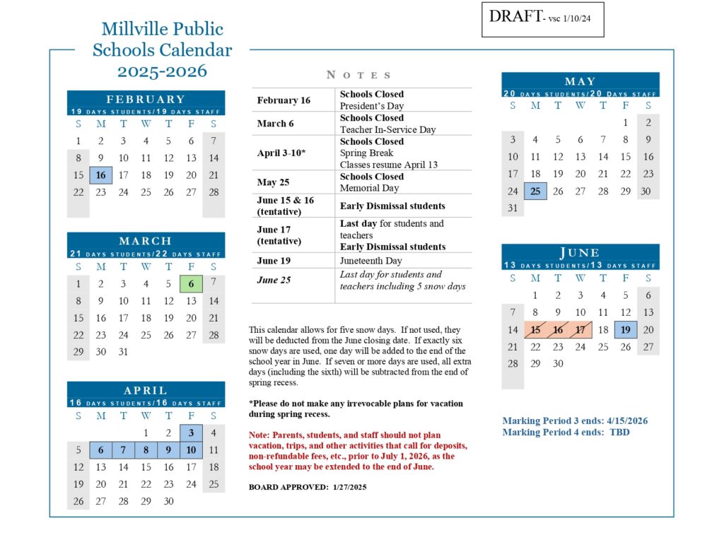 Millville Public Schools Calendar 25 26 Revised PDF EduCounty