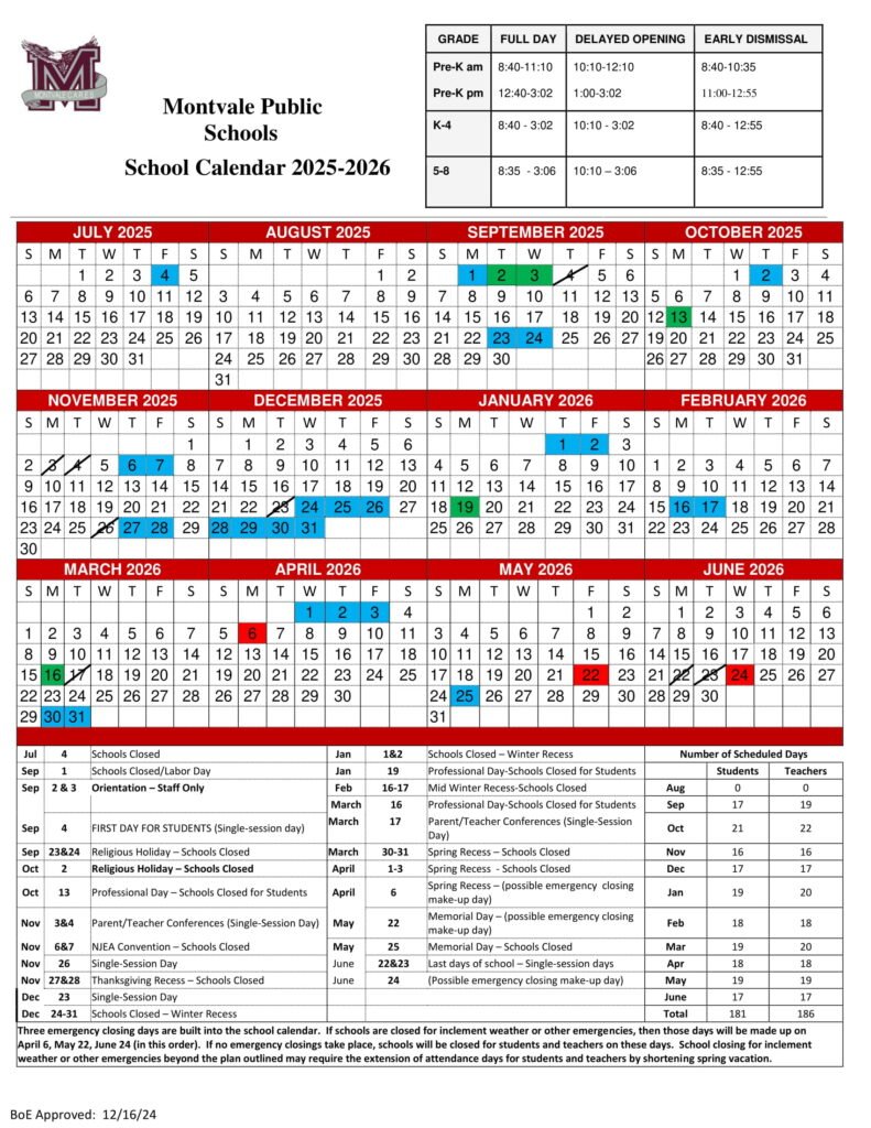 Montvale Public Schools calendar