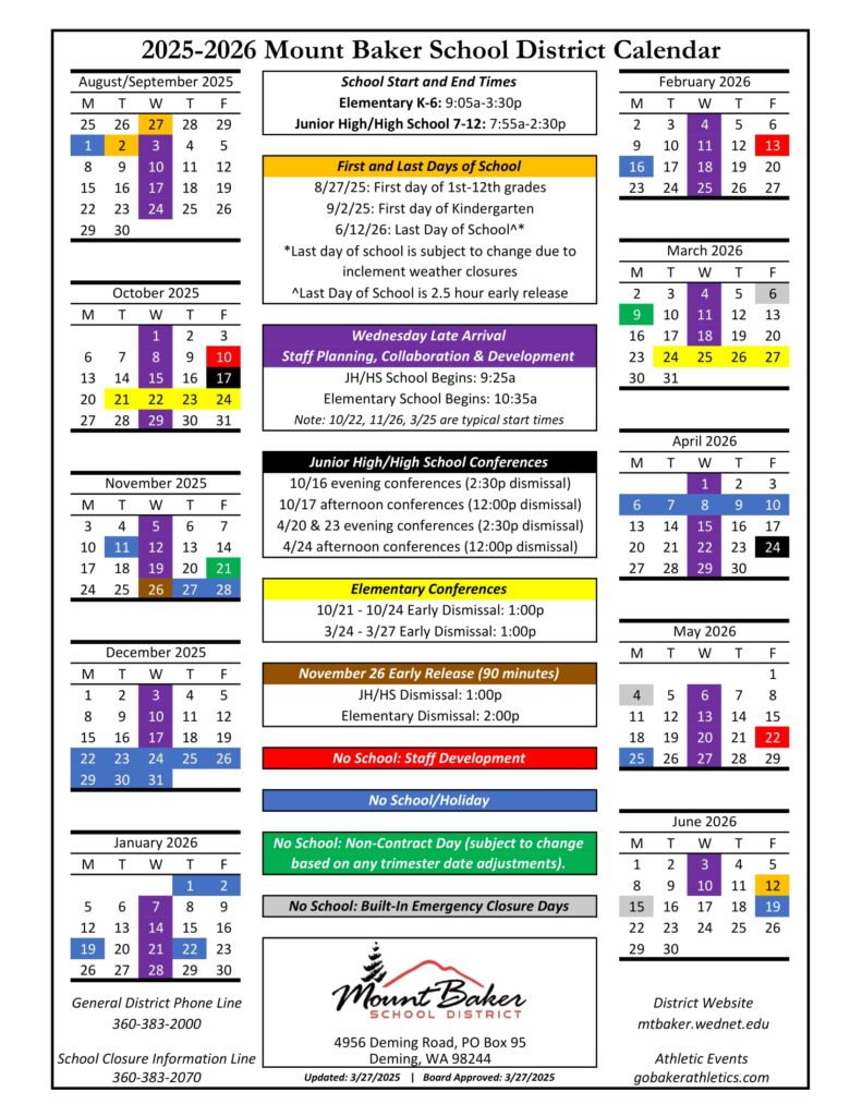 Mount Baker school calendar