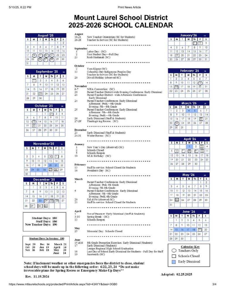 Mount Laurel School District Calendar 25 26 Revised PDF EduCounty