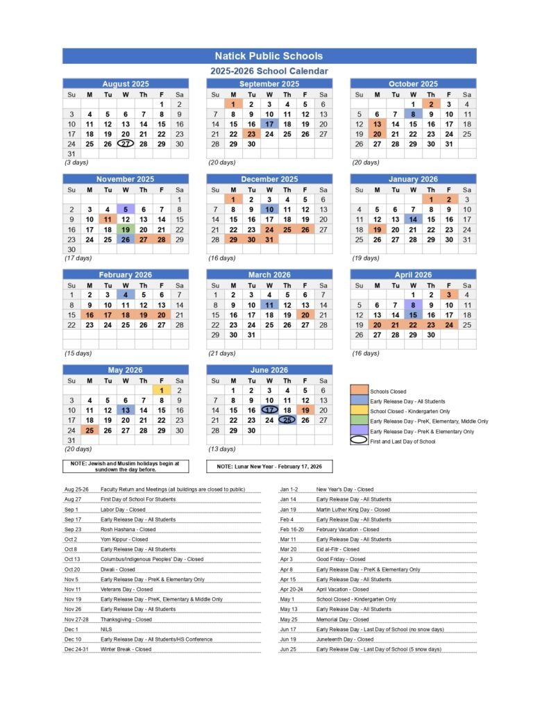 Natick Public Schools MA Calendar