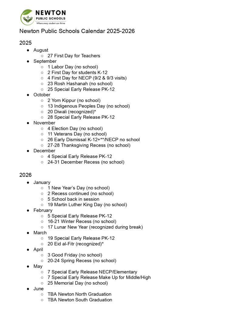 Newton Public Schools CALENDAR