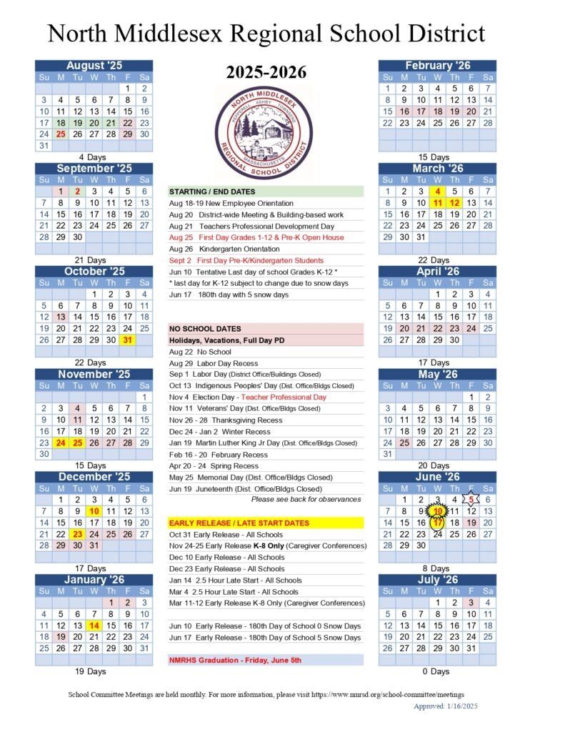 North Middlesex Regional School District calendar