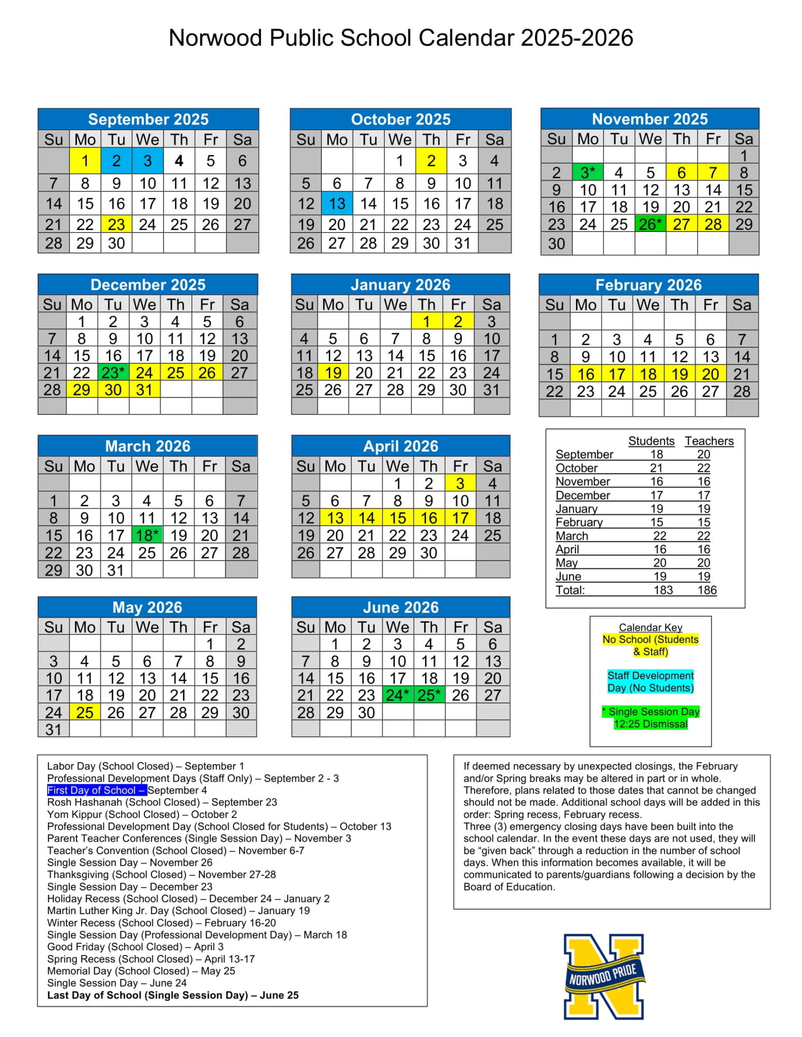 Norwood Public School Calendar 25-26 Revised [PDF] - EduCounty