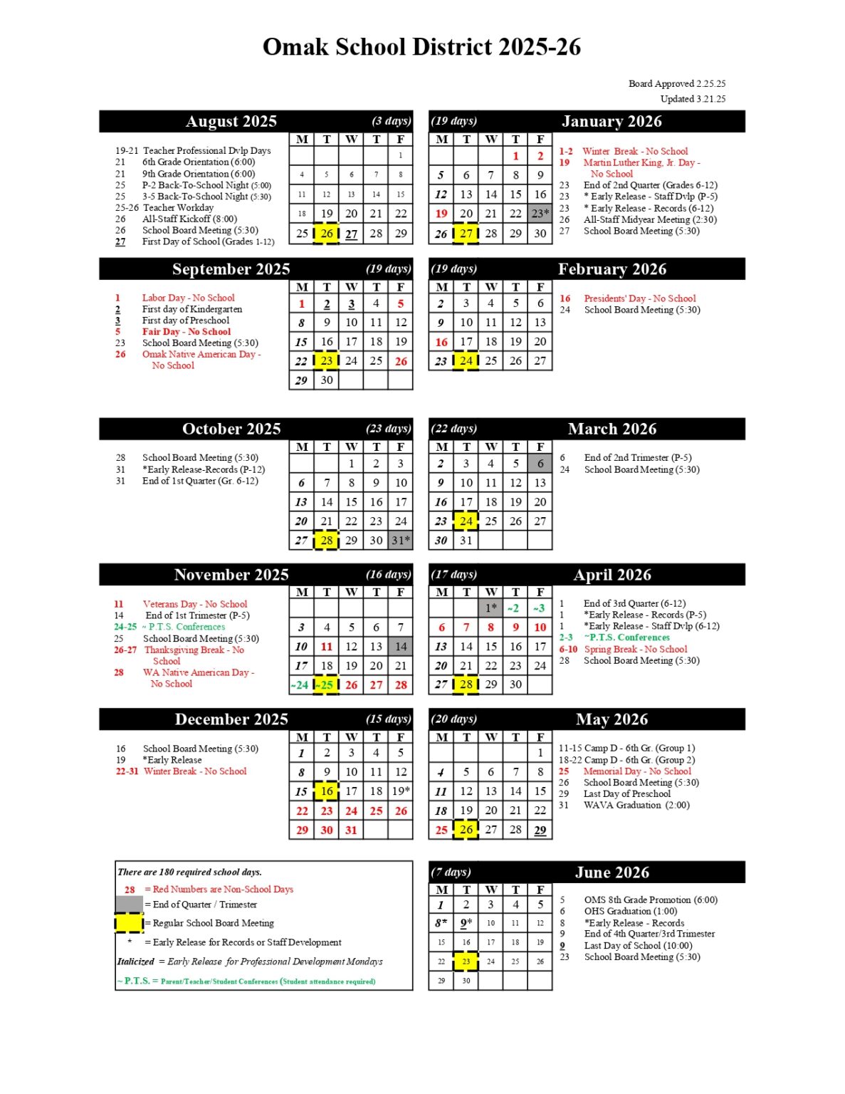 Omak School District WA Calendar 25 26 Revised PDF EduCounty