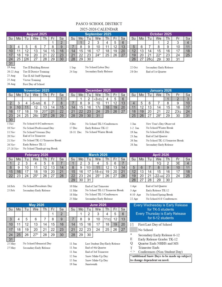 Pasco School District Calendar 25 26 Revised PDF EduCounty