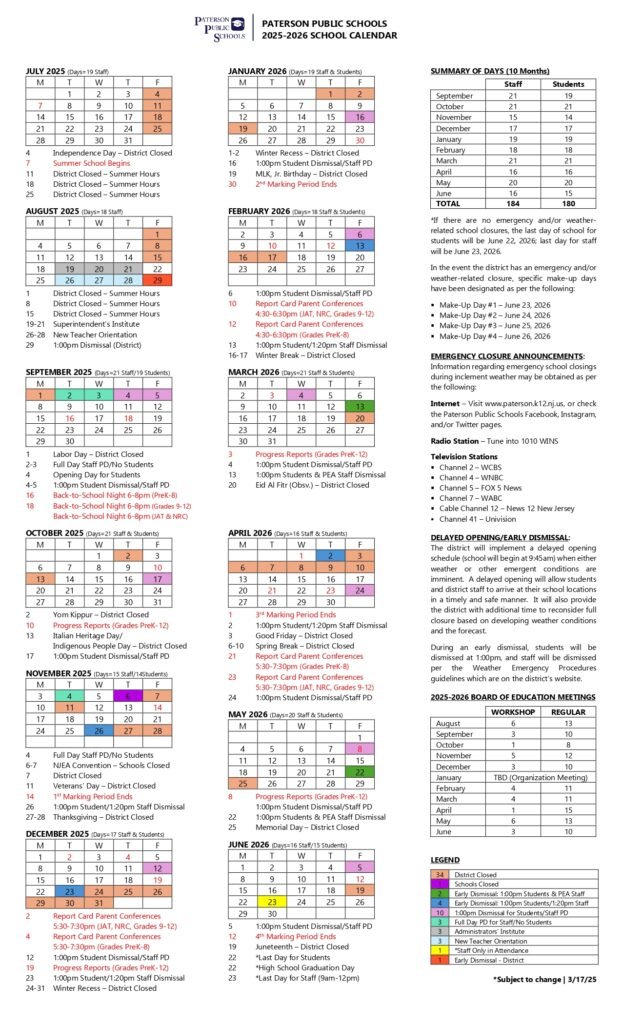 Paterson Public Schools calendar