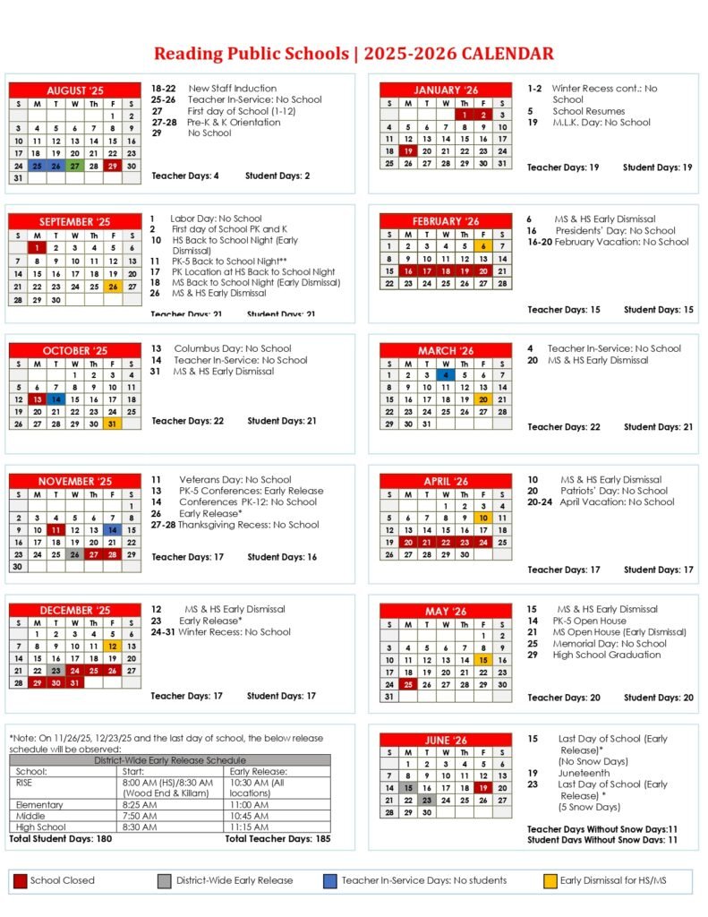 Reading Public Schools CALENDAR