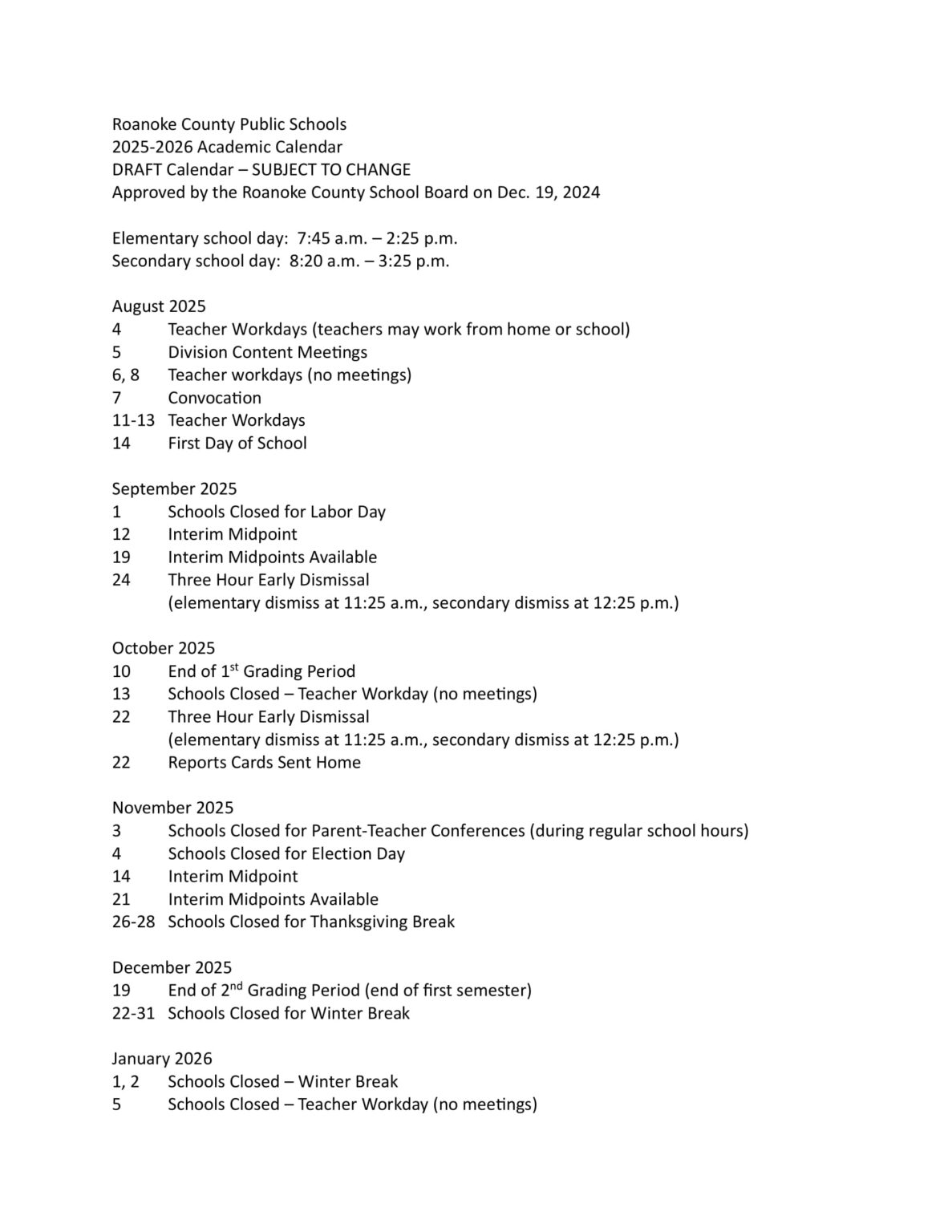 Roanoke County Public Schools Calendar 2526 Revised [PDF] EduCounty