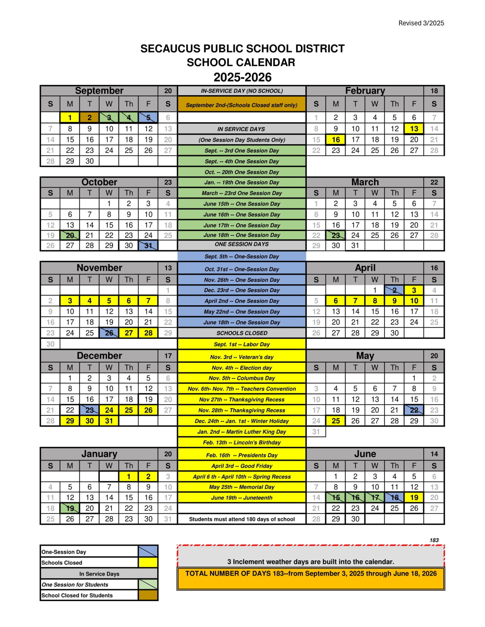 Secaucus Public School district calendar 25 26 Revised PDF EduCounty