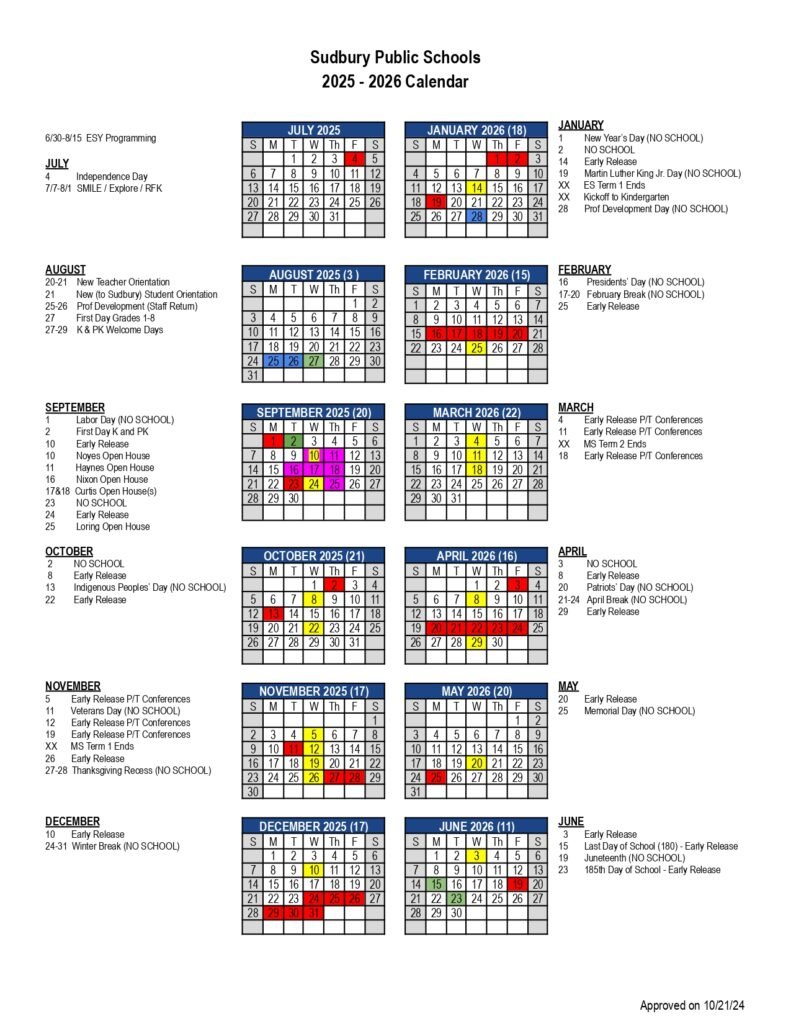SADBURY PUBLIC SCHOOLS CALENDAR