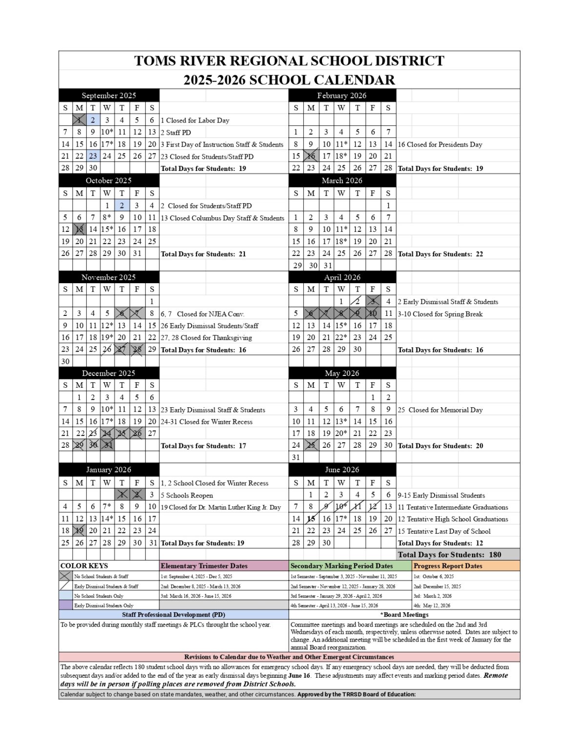 Toms River Regional School District Calendar 25 26 Revised PDF