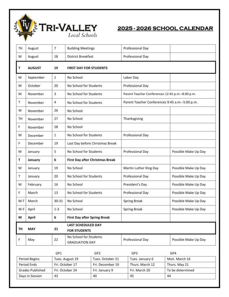 TRI-VALLEY LOCAL SCHOOLS calendar
