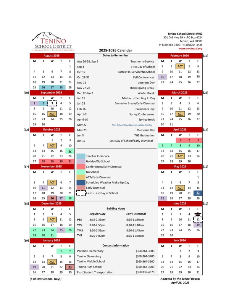 Tenino School District calendar