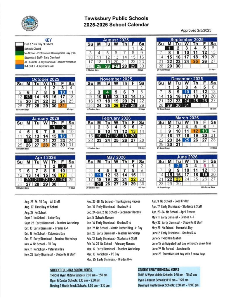 Tewksbury Public Schools calendar