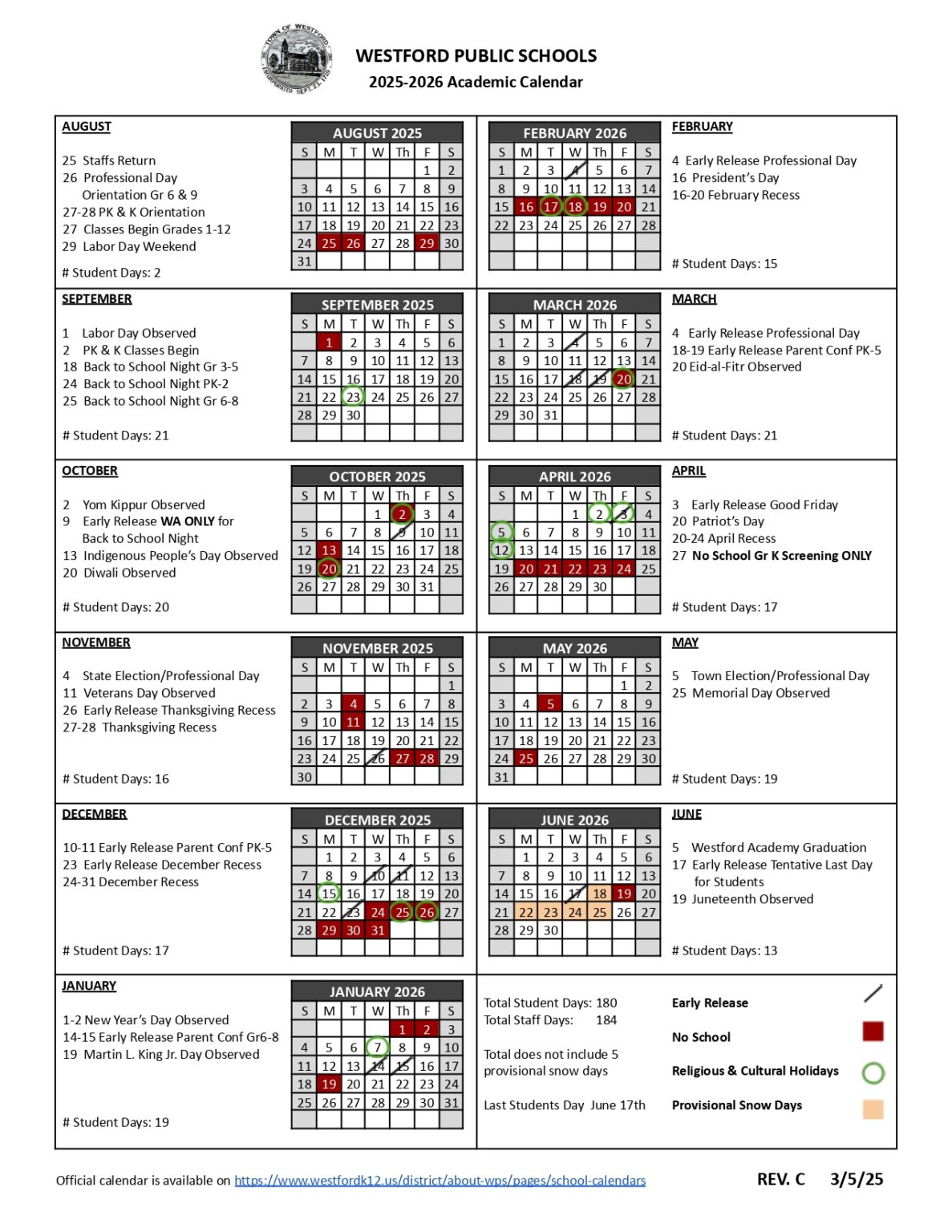 Westford Public schools Calendar 25-26 Revised [PDF] - EduCounty