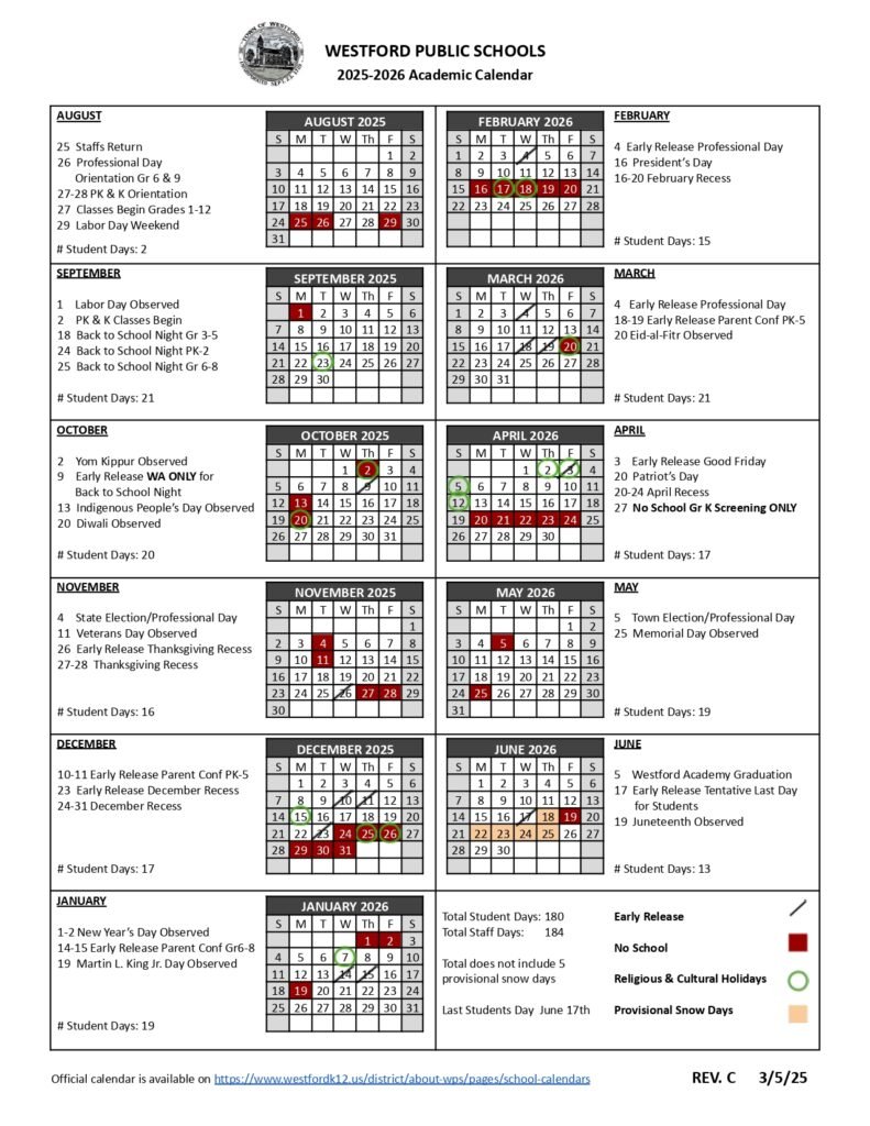 WESTFORD PUBLIC SCHOOLS, calendar