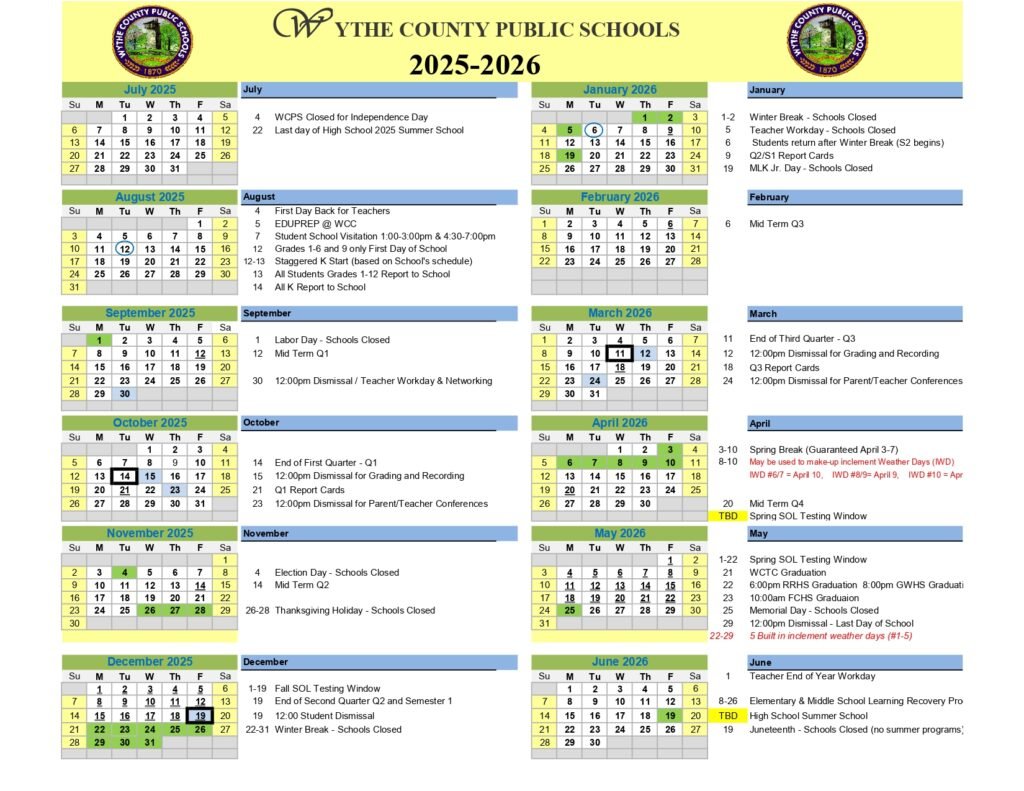 wythe county public schools calendar