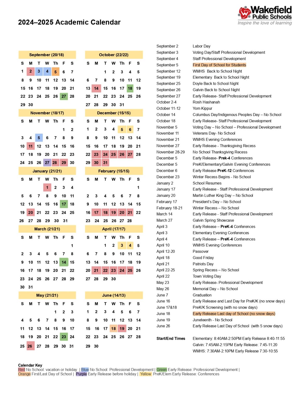 Wakefield Public Schools Calendar 2526 Revised [pdf] EduCounty