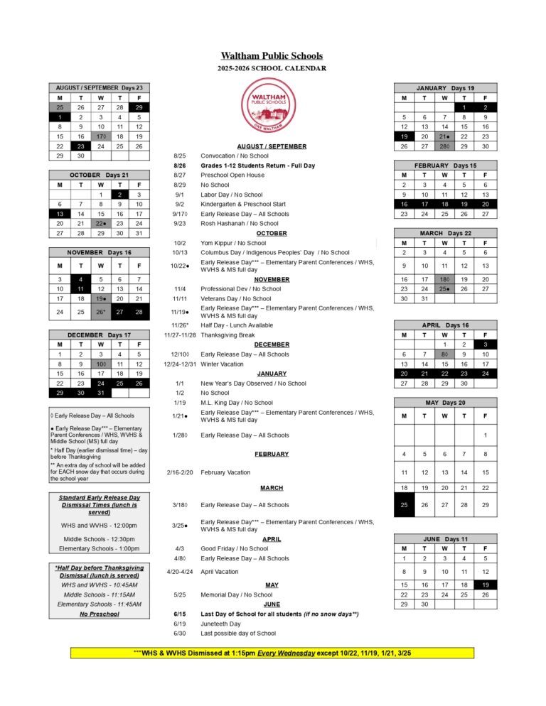 Waltham Public Schools Calendar 2526 revised [pdf] EduCounty