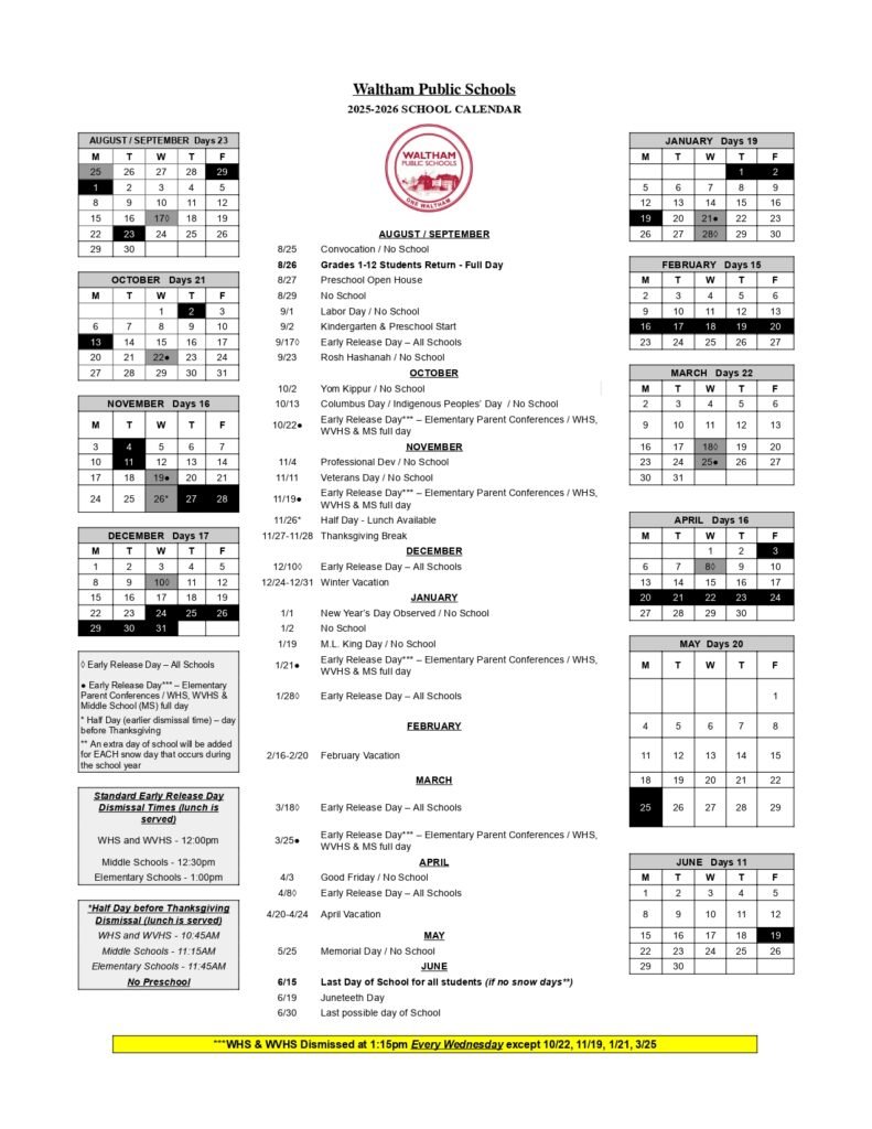 Waltham Public Schools, 2 CALENDAR