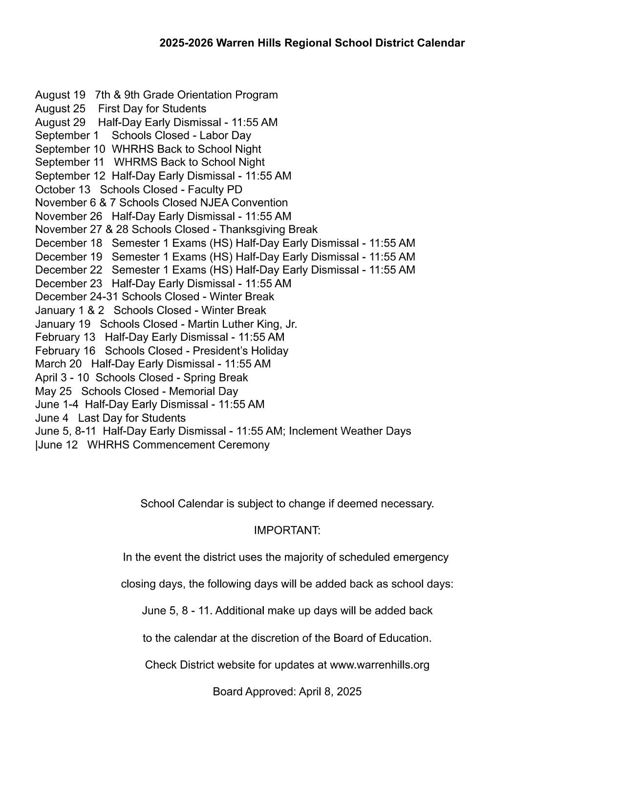 Warren Hills Regional School District Calendar 25-26 Revised [PDF ...