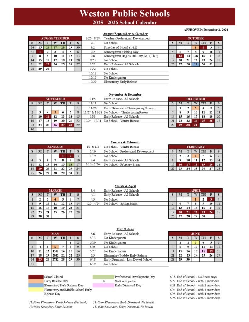 WESTON PUBLIC SCHOOLS calendar