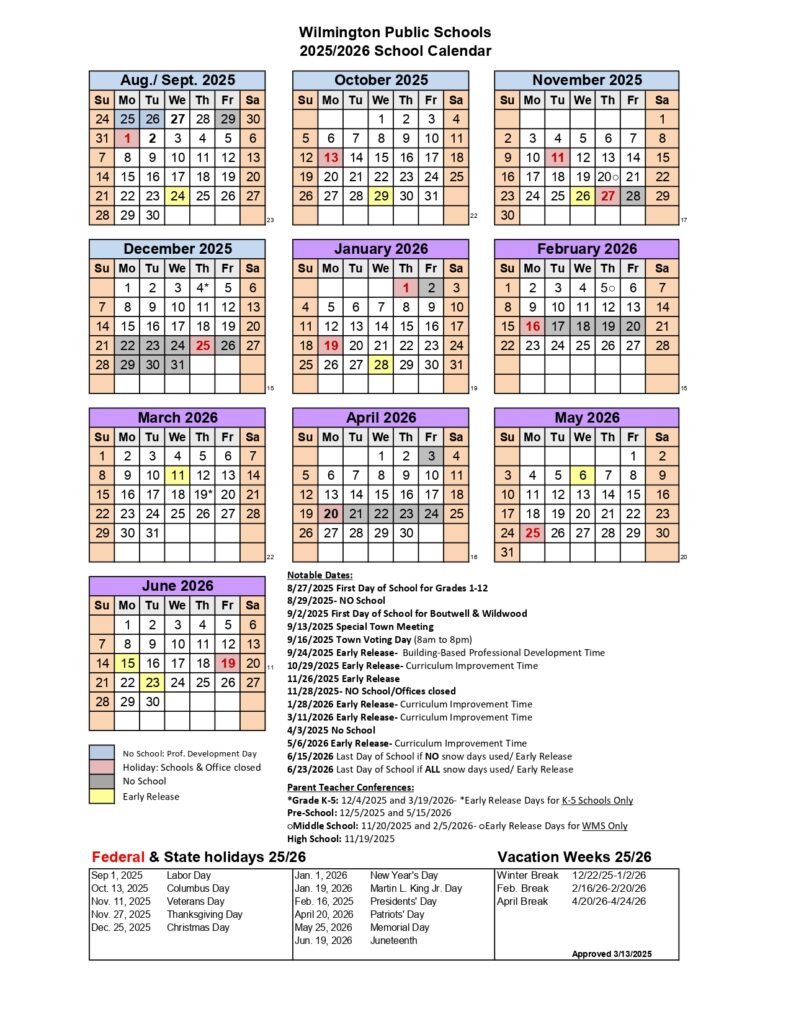 Wilmington Public Schools calendar